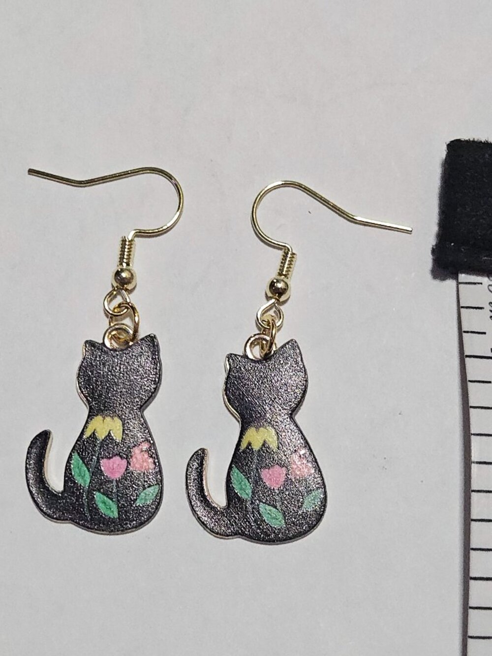Handmade Cat Earrings- Black Floral